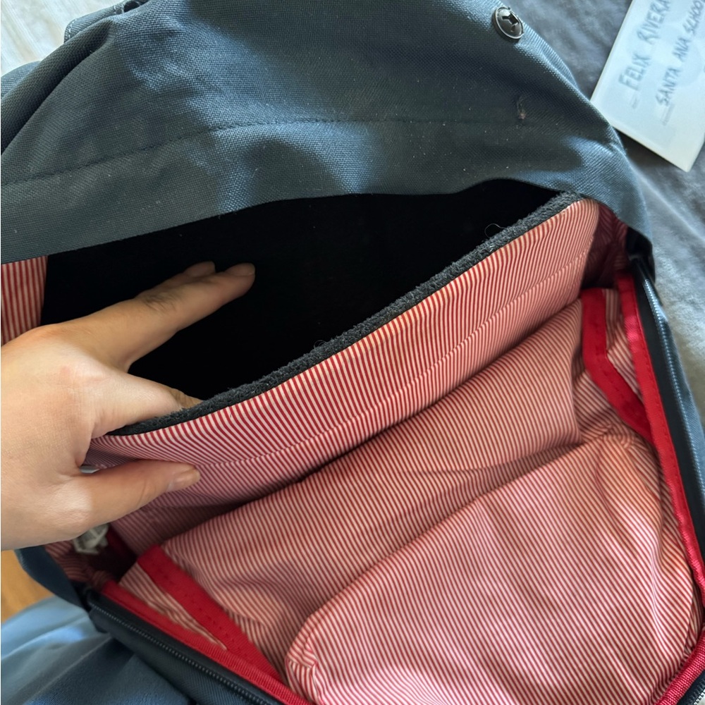 Stylish Black Backpack with Red Striped Interior